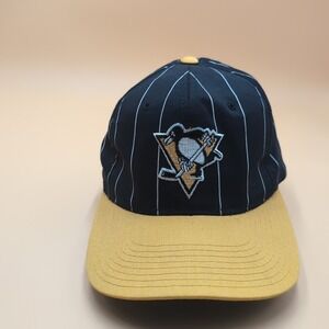 VTG Pittsburgh Penguins Hat SnapBack NHL Starter Pinstripe Tuxedo Cap Rare‎